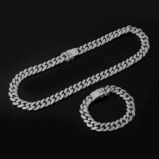 Iced Necklace & Bracelet Cuban Link Bundle In White Gold