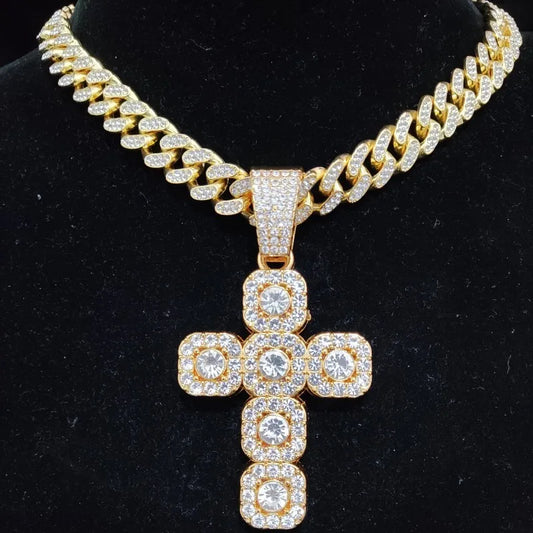 Iced Square Cross Necklace Cuban Chain In White Gold
