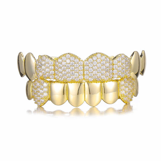 White/Gold Iced Teeth Grillz Caps Cubic
