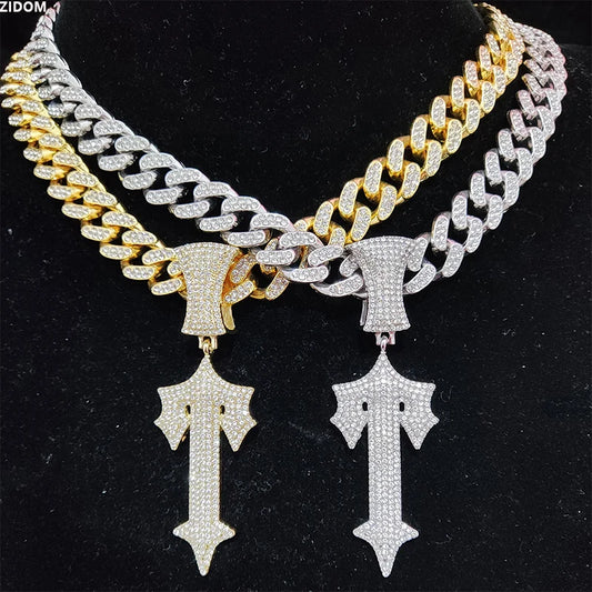 White/Gold Iced Cross Sword Necklaces Cuban Chain