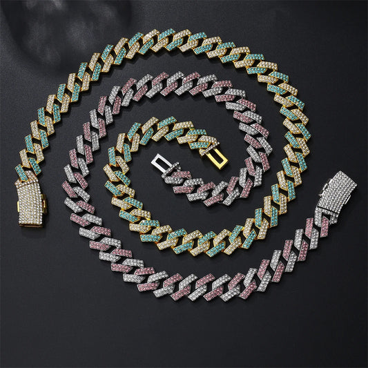 2-Rows Iced Colorful Prong Cuban Link Chain