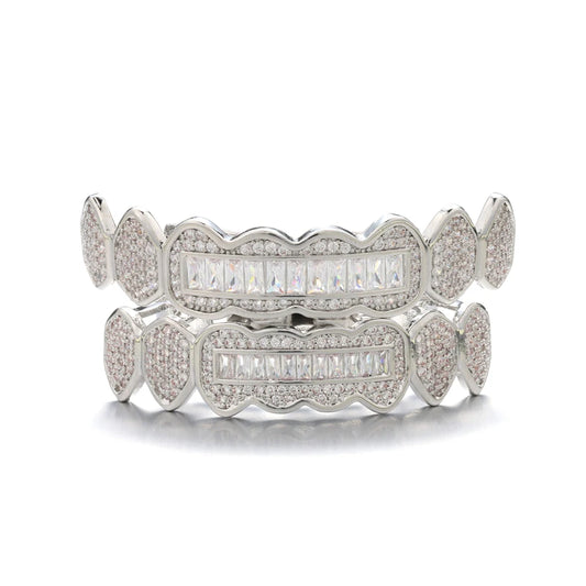Iced Baguette Teeth Grillz Cap In White Gold