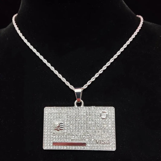 Iced Bank Card Necklace Cuban Chain In White Gold
