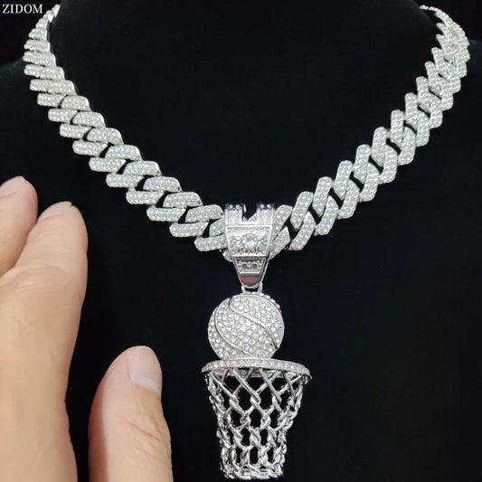 Iced Basketball Pendant Cuban Chain In White Gold