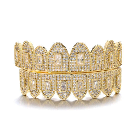 Iced Baguette Teeth Grillz Caps In White Gold