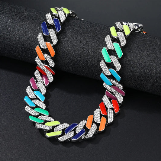 Iced Colorful Prong Cuban Link Chain